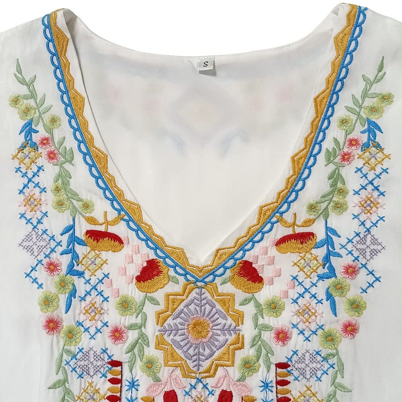 AK Women's Embroidered Tops 3/4 Sleeve Traditional Mexican Shirts for Women V Neck Peasant Tunic Blouses White - Image 5
